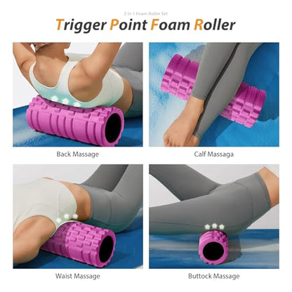 SUBCULTUREPICK 5 in 1 Foam Roller Set for Deep Tissue Muscle Massage | High Density Fitness Exercise Foam Roller, Muscle Roller, Massage Ball, Resistance Band, for Whole Body Physical Therapy Pink - color: Pink-black