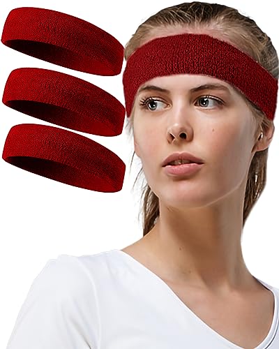 Tanluhu Sweatbands Sport Headbands for Working Out, Exercise, Tennis, Basketball, Running - Terry Cloth Athletic Sweat Cotton Headband Outdoor for Men & Women - color: Red/Red/Red