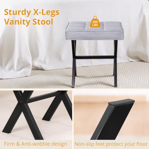 LUE BONA Vanity Stool - Square Linen Makeup Seat With Metal X Legs, Small Ottoman Chair for Makeup Room, Living Room, Bathroom - Modern Padded Foot Rest, Dark Gray - color: Dark Gray