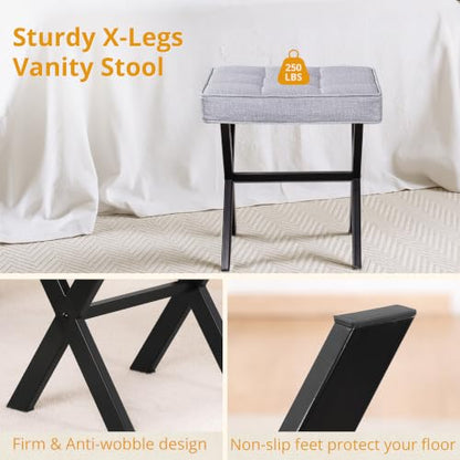 LUE BONA Vanity Stool - Square Linen Makeup Seat With Metal X Legs, Small Ottoman Chair for Makeup Room, Living Room, Bathroom - Modern Padded Foot Rest, Dark Gray - color: Dark Gray