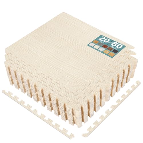 Sorbus Interlocking Wood Grain Foam Floor Tiles (20 Pack, Light Pine) | 3/8-inch EVA floor mats with borders suit playrooms, basements and home gyms, plus trade show flooring and dance areas. - color: Light Pine, size: 20 Pack