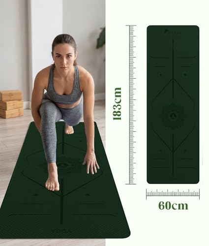 ROMIX Pro Yoga Mat With Alignment Lines, 6Mm Thick Non-Slip Exercise Mat | 72 x 24 In TPE Large Pilates Mat For Home Workout, Stretching, Training, Meditation, Carry Bag Included For Women And Men - color: Lime