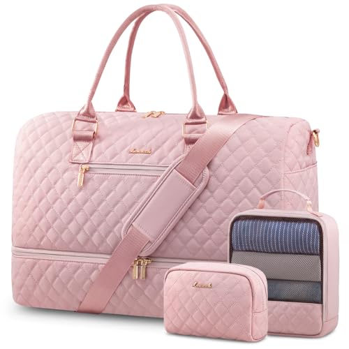 LOVEVOOK Travel Duffle Bag for Women, Weekender Overnight Bag with Shoe Compartment, Carry on Bag with Toiletry Bag, Gym Duffel Bag with Wet Pocket, Hospital Bags for Labor and Delivery 3 Pcs Set - color: Pink, size: Large
