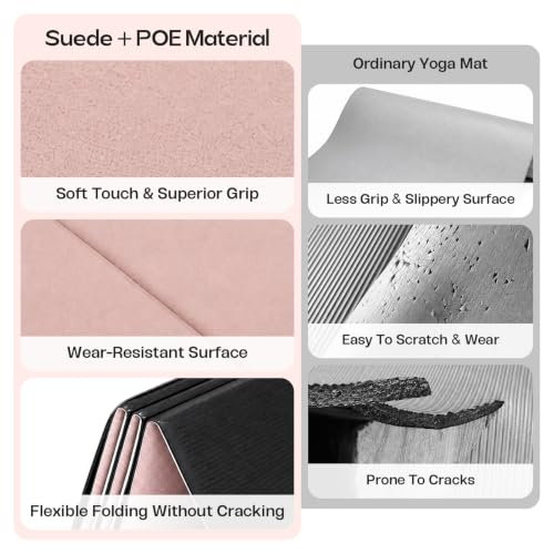 Foldable Yoga Mat, 70''x24''x0.24''(6mm）Non-slip POE Exercise Mat - color: Pink