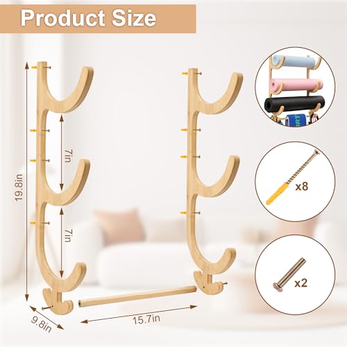Upgraded 3 Tier Wooden Yoga Mat Rack Wall Mount with Bottom Hanging Bar