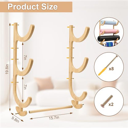 Upgraded 3 Tier Wooden Yoga Mat Rack Wall Mount with Bottom Hanging Bar