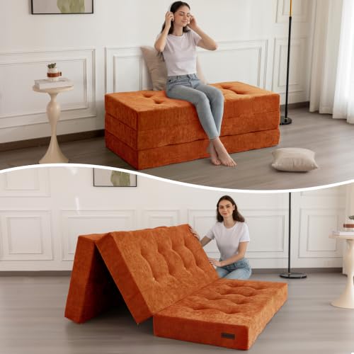 MAXYOYO 6" Folding Sofa Bed for Floor, Tufted Tri-Fold Floor Mattress | Full Size Portable Sofa Couch Guest Mat with Chenille Fabric for Adults, Foldable Topper for Camping, Orange, Full - color: Orange, size: Full