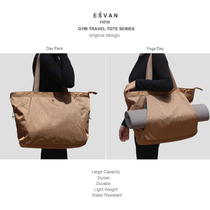 ESVAN Yoga Tote Bag for Women Shoulder Bags Drawstring for Office Workout Travel Carryall Pilates Gym and Beach - color: Nylon Golden