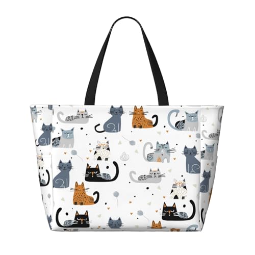 Large Beach Bag for Women Waterproof Foldable Travel Shoulder Tote Bag with Pocket for Weekender Pool Vacation - color: Cat White