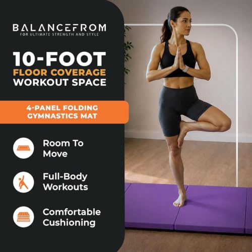 BalanceFrom 10x4 Feet 4-Panel Folding Gymnastics Mat – 2-Inch Thick Pad with Vinyl Surface and Carrying Handles for Tumbling, Yoga, Pilates, Home Workouts, and Martial Arts - color: Purple