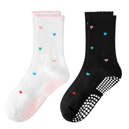 Women's Pilates Grip Socks, Ruffle Non Slip Bow Pattern Yoga Socks | Grippy, Frilly Trim, Embroidery, Crew Length, Soft Cotton, Arch Support, for Barre Ballet Dance Workout Hospital Home Gifts - color: D01-white + Black