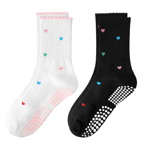 Women's Pilates Grip Socks, Ruffle Non Slip Bow Pattern Yoga Socks | Grippy, Frilly Trim, Embroidery, Crew Length, Soft Cotton, Arch Support, for Barre Ballet Dance Workout Hospital Home Gifts - color: D01-white + Black