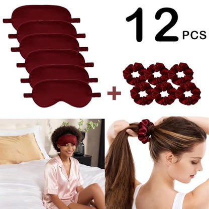 12Pcs Silk Sleep Masks Satin Eye Mask Silky Eyes Cover Blindfold Eyeshade Hair Ties Scrunchy Travel Bridesmaids Gifts - color: Navy