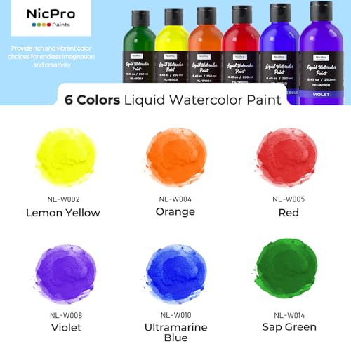 Nicpro 6 Colors Liquid Watercolor Paint Set, 8.45oz Large Bulk Water Color | Non-Toxic Liquid Watercolor Paint, Painting Supplies for Art Activity, Craft DIY, Poster, School, Home, Classroom, Party - color: 6 Colors, size: 8.45 Fl Oz (Pack of 6)