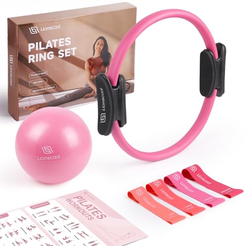 LIONSCOOL Pilates Ring Set 14" Magic Circle, 9" Mini Ball, Resistance Bands | Foam-Padded Fiberglass Pilates Ring, 400 lb Anti-Burst Ball, Latex Bands, Guide & Bag, Pilates Equipment Kit for Home Workout - color: Pink