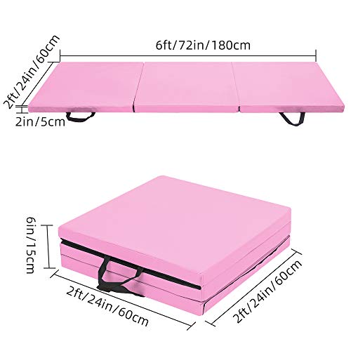 Bonnlo Folding Exercise Aerobics Mat, 6ft x 2ft x 2in PU Leather Mats with Carrying Handles with Hook & Loop Fastener for MMA, Stretching, Cheerleading Martial Arts,Gymnastic - color: Pink