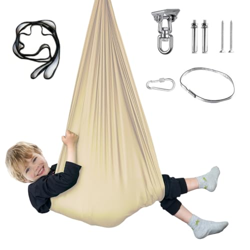 Aokitec Sensory Swing for Kids & Adult, Indoor Outdoor Cuddle Hammock Chair | Therapy swing, Special Needs, Autism, ADHD, Adjustable, Soft Nylon 300LB Capacity, 360 Swivel Hanger, All Hardware Included - color: Beige