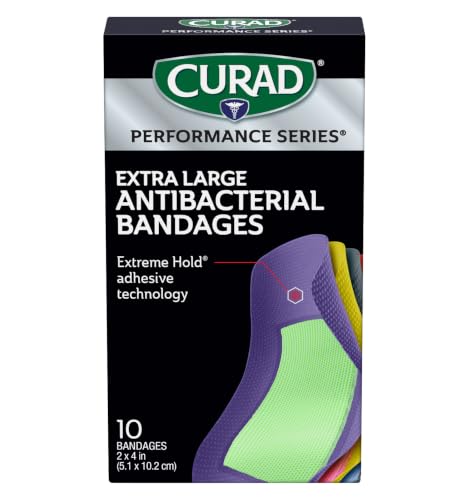 CURAD® Performance Series® Extra Large Antibacterial Bandages, Box of 10 | 2 in x 4 in Flexible Fabric Bandages for Cuts, Scrapes & Burns, Assorted Colors, Extreme Hold Adhesive Technology - size: Extra Large
