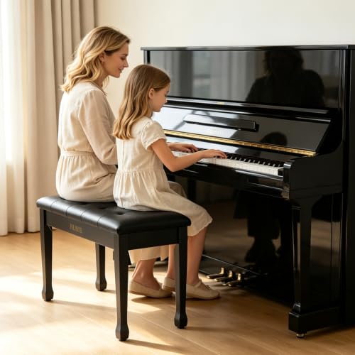 Duet Piano Bench with Storage, Wooden Piano Stool with Waterproof Padded Cushion, Bench Seat for Vanity, Living Room, Bedroom (Black) - color: Duet-black