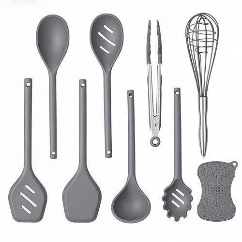 Kitchen Utensils Set,9 PCS Silicone Cooking Utensils Set Spatula Set,Tongs,Spoon,Whisk,Brush,Dishwasher Safe Kitchen Gadgets for Non-Stick Cookware,Home Essential，Kitchen Appliances Tool(Gray) - color: Gray