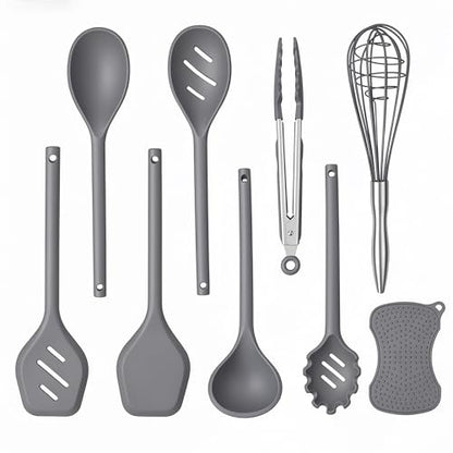 Kitchen Utensils Set,9 PCS Silicone Cooking Utensils Set Spatula Set,Tongs,Spoon,Whisk,Brush,Dishwasher Safe Kitchen Gadgets for Non-Stick Cookware,Home Essential，Kitchen Appliances Tool(Gray) - color: Gray