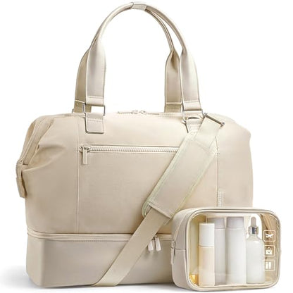 Travel Duffle Bag for Women, 40L Weekender Bags Airline Approved Carry On with Shoe Compartment & Waterproof Wet Pocket, Durable Nylon Weekender Overnight Bag for Travel, Gym, Business Trip, Beige - color: Beige
