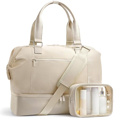 Travel Duffle Bag for Women, 40L Weekender Bags Airline Approved Carry On with Shoe Compartment & Waterproof Wet Pocket, Durable Nylon Weekender Overnight Bag for Travel, Gym, Business Trip, Beige - color: Beige