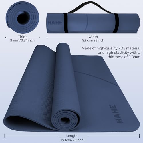 Large Yoga Mat Thick, 76"x32"x0.31"Wide POE Exercise Mat with Non-Slip Surface & Carry Strap, Anti-Tear Workout Mat for Yoga, Pilates, Fitness - color: Navy Blue