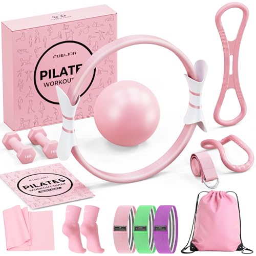 Pilates Ring Set for Women, Home Workout Pilates Equipment with Resistance Bands, 14'' Magic Circle, Mini Ball, Pilates Starter Kit for Strength, Toning and Flexibility - color: Pink, size: Large-Level3