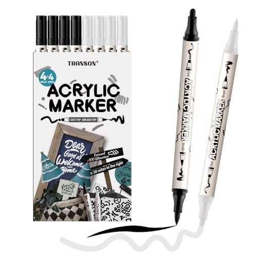 TRANSON 4 Black and 4 White Paint Markers Brush and Bold Dual-tip Acrylic Paint Marker Set for Rock Painting Glass Canvas Wood Leather Ceramic Painting - color: 4 Black and 4 White