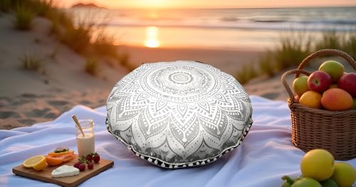 CRAFT KALA 32" in Round Mandala Floor Pillow Cushion Cover Seating Throw Cover Hippie Decorative Bohemian Ottoman Poufs Pillow Cover Cases Boho Cotton Living Yoga Home Décor Room (White Silver Ombre) - color: White Silver Ombre