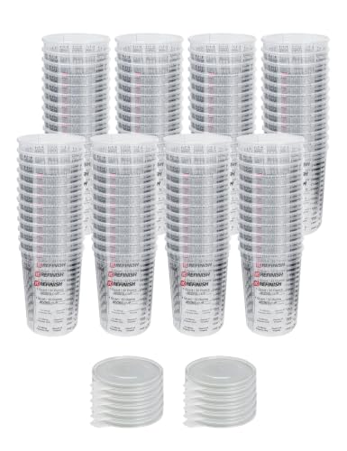 KREFINISH 32 OZ Paint Mixing Cups Graduated Disposable Clear Plastic Epoxy Measuring Cups (Box of 96 Cups & 12 Lids) Use for Automotive Painting, Resin, Acrylic, Arts, Pigments - Mixing Ratios - size: 32 Ounce