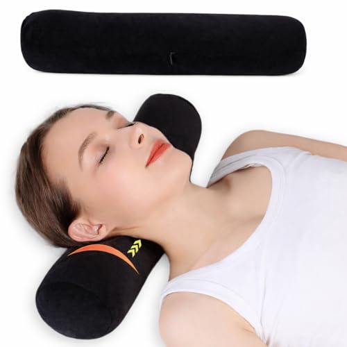 Neck Roll Pillow,Cervical Neck Pillow Bolster Pillow for Sleeping | Cotton neck roll, machine-washable cover, supports neck, legs, back & sleeping, slim bolster for bed & yoga - color: Black