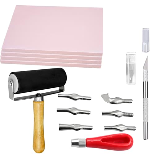 4 Pcs Rubber Carving Linoleum Blocks 4x6 Inch Rectangular Rubber Stamp Carving Blocks with Tools, Soft Stamp Carving Kit for Printmaking, Printing and Stamp Soft Rubber More Crafts - color: 4x6 Set