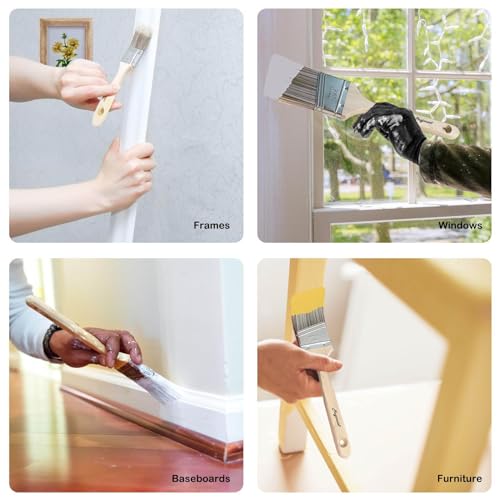 Magimate Wood Paint Brush Set, Angled Flat Assorted Stain Brushes Pack of 5 | Variety paint brushes 1.5" 2" 2.5" angled + 1" 2" flat; for baseboards fence window frame cabinet wood stain & wall touch-ups