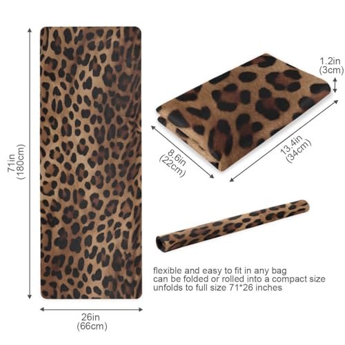 Leopard Print Yoga Mat Non Slip Natural Rubber Fitness Exercise Mat for Home Workout Gym Stretching Pilates Mats with Carrying Bag 71" x 26"