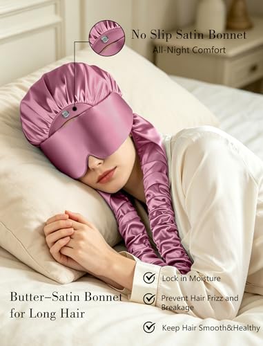 Satin Bonnet for Sleeping with Eye Mask，No Slip Sleep Bonnet with Long Curling Ribbons for Braids & Long Hair - color: Pink
