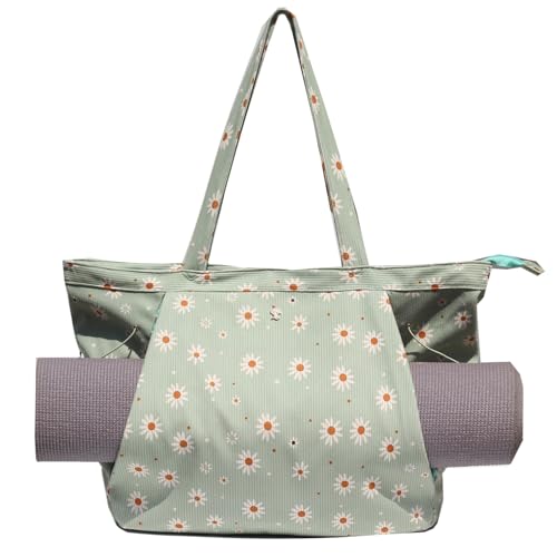 ESVAN Corduroy Yoga Tote Bag Gifts for Women Drawstring Yoga Mat Bag for Office Workout Travel Carryall Pilates Gym - color: Light Green