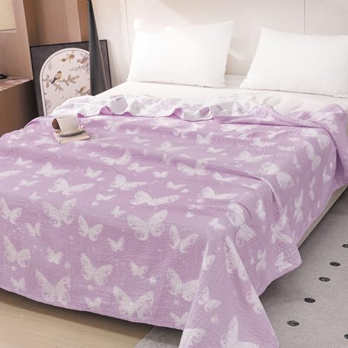 MEJU Dream Butterfly Violet Gentle Girls Muslin All Season Blanket for Bed Sofa Couch, 100% Combed Cotton 3 Layer Soft Throw Blanket Bed Cover Quilt Purple Butterfly Twin 60 in x 80 in - color: Purple Butterfly, size: Twin 60 in x 80 in