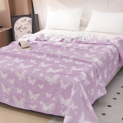 MEJU Dream Butterfly Violet Gentle Girls Muslin All Season Blanket for Bed Sofa Couch, 100% Combed Cotton 3 Layer Soft Throw Blanket Bed Cover Quilt Purple Butterfly Twin 60 in x 80 in - color: Purple Butterfly, size: Twin 60 in x 80 in