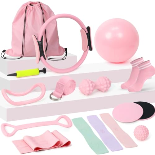 Pilates Equipment Kit for Women, Pink Ring Ball Bands, Home Workouts | 15- or 19-piece pink Pilates kit options with ring, ball, bands and workout accessories for home, travel and daily training. - color: 15PCS