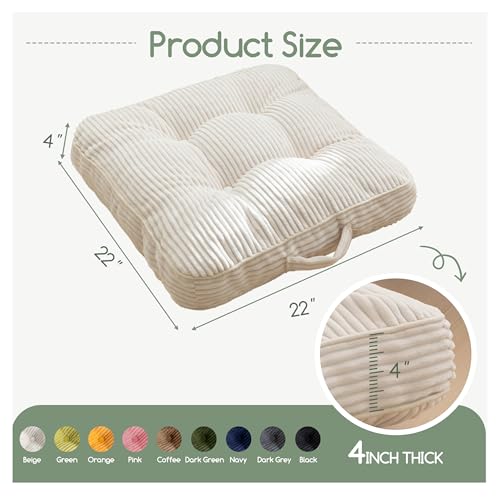 HIGOGOGO Floor Pillow Cushion for Adults, Meditation Cushion Pillow, Large Square Floor Sitting, Tufted Corduroy Cover, for Tatami Living Room or Yoga, 22x22 Inch, Beige - color: Square Beige, size: 4" Thick(Pack of 1)