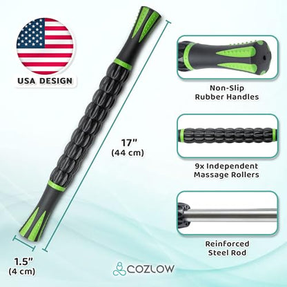 Muscle Roller Stick - Black Green - Hand Held Body Massager with 9 Rollers & Non-Slip Handles - Deep Tissue Massage & Maximum Muscle Recovery - Leg, Back, Arm, Thigh, Butt Sculpting Tool - by Cozlow - color: Black, Green