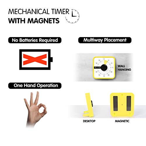 TWENTY5 SEVEN Countdown Timer 7.5 inch; 60 Minute 1 Hour Visual Timer – Classroom Teaching Tool Office Meeting, Mechanical Countdown Clock for Kids Exam Time Management Magnetic, Yellow - color: Yellow