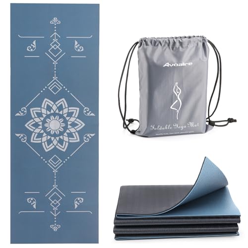 Avoalre Folding Yoga Mat, Eco-Friendly PVC Travel Yoga Mat Packable, Double Sided Non-Slip Printed Yoga Mats with Bag for Home Workout Gym Exercise Fitness Pilates Stretching (72" x 24" x 1/5" Thick) - color: Blue