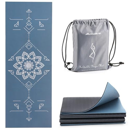 Avoalre Folding Yoga Mat, Eco-Friendly PVC Travel Yoga Mat Packable, Double Sided Non-Slip Printed Yoga Mats with Bag for Home Workout Gym Exercise Fitness Pilates Stretching (72" x 24" x 1/5" Thick) - color: Blue