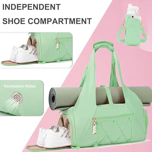 Gym Bag for Women, Yoga Mat Bag with Shoe Compartment and Wet Pocket, Sport Yoga Gym Bag with Yoga Strap, Carryall Yoga Tote Bag - color: Green
