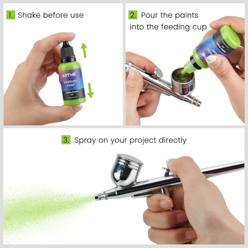 Airbrush Paint, ARTME 42 Colors with 3 Thinner, Ready to Spray, Opaque & Water Based Acrylic Airbrush Paint Set Including Metallic & Neon Colors, Premium Air brush Paints for Metal, Models, Plastic, Canvas, and Wood