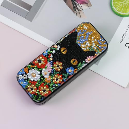 FlyingMage 5D Diamond Art Painting Kit for Adults Beginner, Small DIY Diamond Dots Gem Art Painting Mosaic Kits, Cute Hard Shell Sunglasses Eyeglasses Glasses Case for Women Teen, Flower Cat - color: Orange Cat