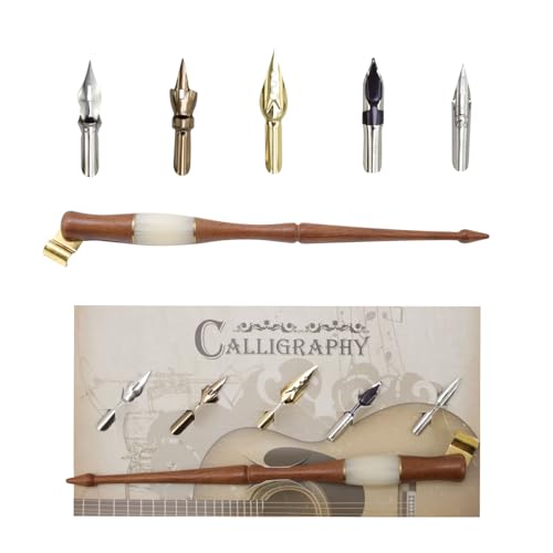 Wood Calligraphy Oblique Dip Pen Holder Set | Removable Nib Pen Handle with 5 Nibs for English Calligraphy Drawing Comic, Brown - color: Brown